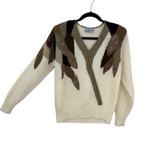 Vtg 80's Liz Thomas Funky Shoulder Padded Acrylic Sweater V Neck Large Pullover